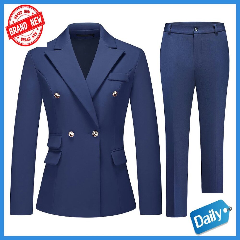 Double-Breasted Blazer Suit Set With Elastic Waist Pants For Business